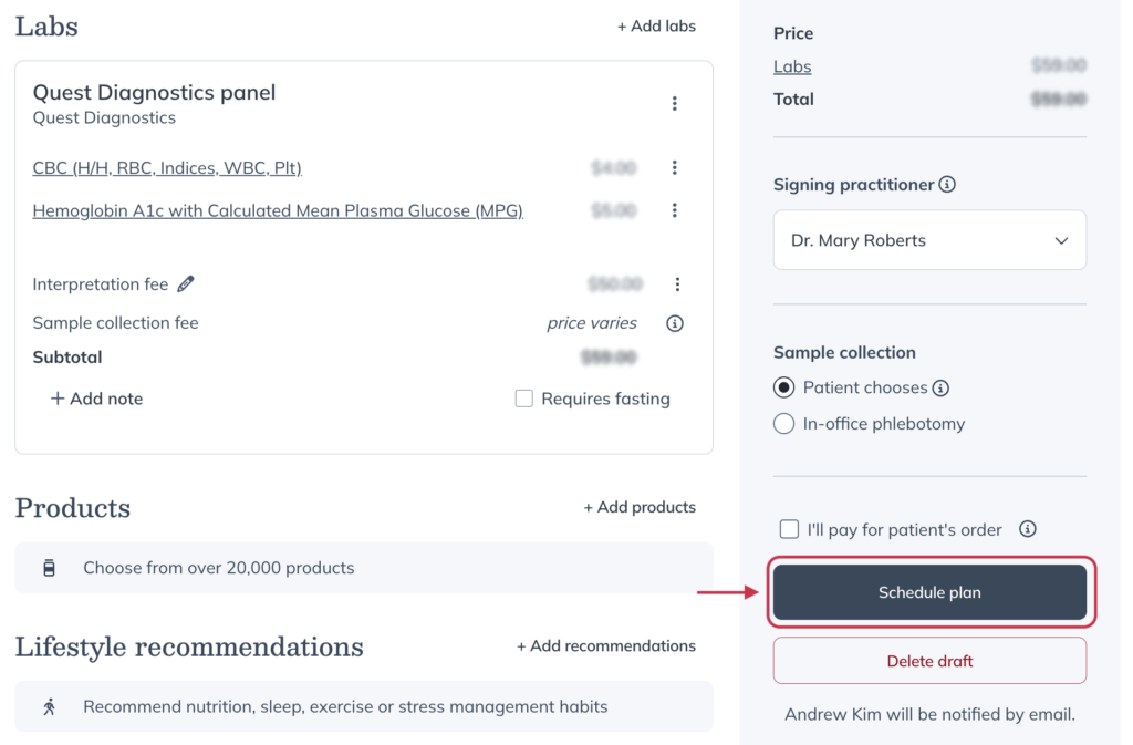 Review plan page showing a scheduled send date and the Schedule plan button.